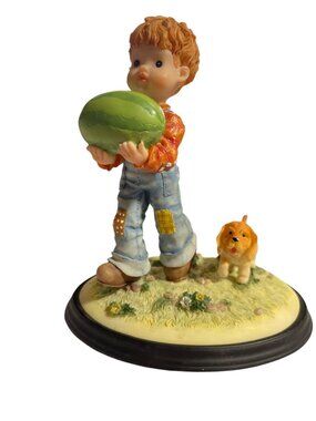 Sarah Kay From The Garden Figurine Boy Holding Watermelon w/ Dog Resin VTG 1980s